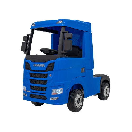 Ujęcie z przodu i boku z kabiną sypialną oraz lusterkami – niebieska Scania R Serie, TIR na akumulator dla dzieci.webp