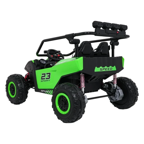 Ujęcie z tyłu i prawego boku z napisem SPEED, amortyzatorami i niezależnym zawieszeniem – zielone buggy Turbo 23 4x4 na akumulator dla dzieci.webp