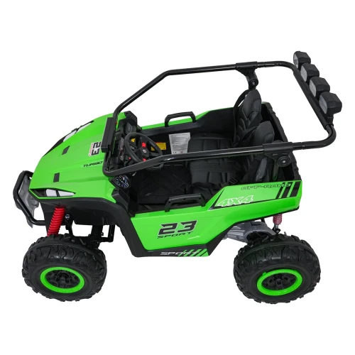 Widok z lewego boku z ramą ochronną, napisami 4X4 OFF-ROAD i 23 SPORT – zielone buggy Turbo 23, auto elektryczne na akumulator dla dzieci.webp
