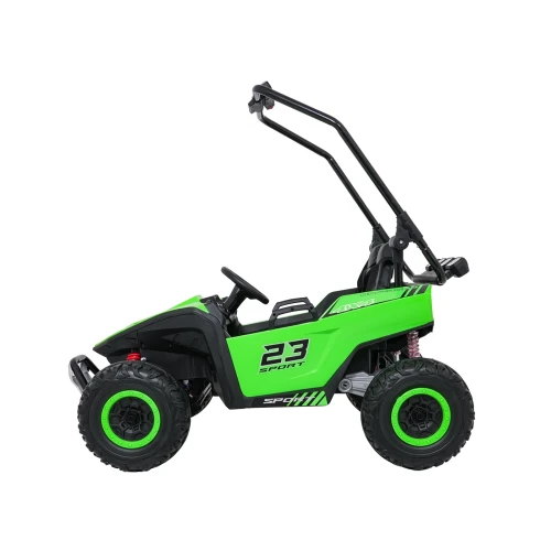 Widok z lewego boku z rozłożoną ramą ochronną i belką reflektorów LED – zielone buggy Turbo 23 4x4 na akumulator dla dzieci.webp