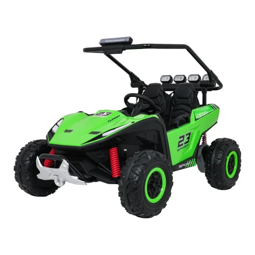 Ujęcie z przodu i lewego boku z białą wyciągarką oraz czerwonymi sprężynami – zielone buggy Turbo 23 4x4 na akumulator dla dzieci.webp