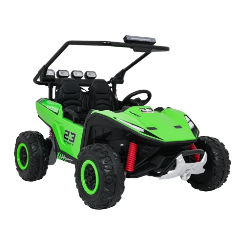 Ujęcie z przodu i prawego boku z lampą LED nad kokpitem i wyciągarką – zielone buggy Turbo 23 4x4 na akumulator dla dzieci.webp