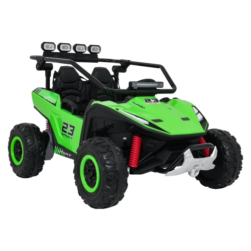 Ujęcie z przodu i boku z belką czterech reflektorów LED, lampą nad kokpitem i wyciągarką – zielone buggy Turbo 23 4x4 na akumulator dla dzieci.webp