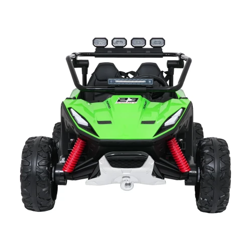 Widok z przodu z czterema reflektorami LED na ramie, czerwonymi sprężynami i białym zderzakiem z wyciągarką – zielone buggy Turbo 23 4x4 na akumulator dla dzieci.webp