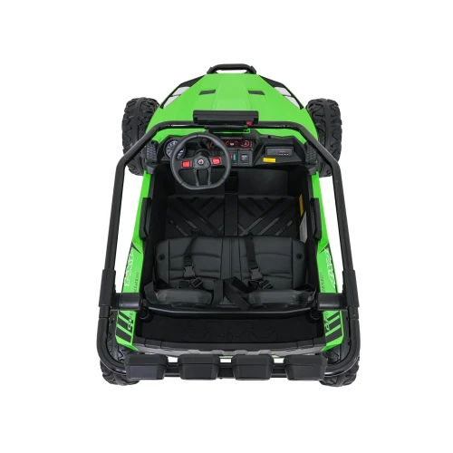 Widok z góry na wnętrze z fotelami i kierownicą – zielone buggy Turbo 23 4x4, auto elektryczne na akumulator dla dzieci.webp