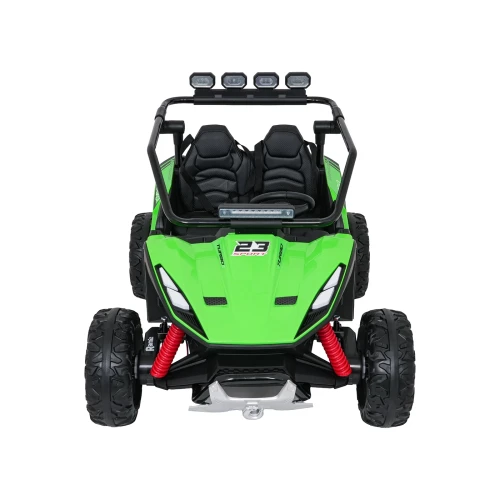 Widok z przodu z czterema reflektorami LED, czerwonymi sprężynami i wyciągarką – zielone buggy Turbo 23 4x4 na akumulator dla dzieci.webp