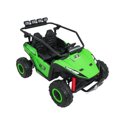 Ujęcie z przodu i prawego boku z ramą ochronną oraz dużymi kołami terenowymi – zielone buggy Turbo 23 SPORT na akumulator dla dzieci.webp