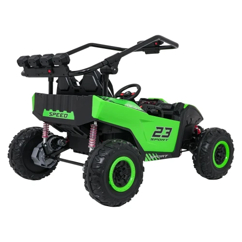 Ujęcie tyłu i boku z napisem SPEED, amortyzatorami i wałem napędowym 4x4 – zielone buggy Turbo 23 na akumulator dla dzieci.webp