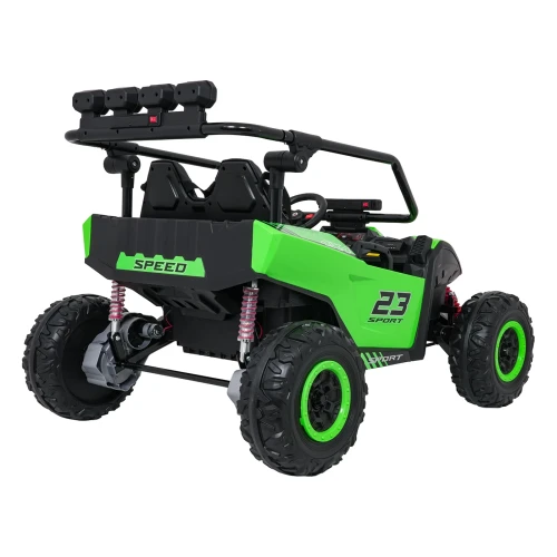 Widok z tyłu i lewego boku z napisem SPEED oraz belką LED – zielone buggy Turbo 23 4x4, pojazd na akumulator dla dzieci.webp