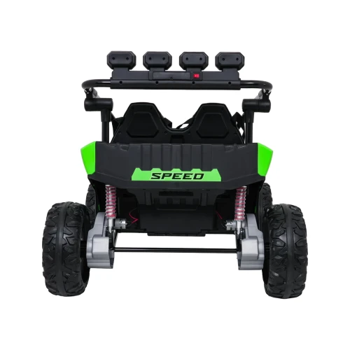Widok z tyłu z napisem SPEED, głośnikami i amortyzatorami – zielone buggy Turbo 23 4x4 na akumulator dla dzieci.webp