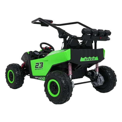 Ujęcie z tyłu i boku z ramą ochronną, belką LED i napisem 23 SPORT – zielone buggy Turbo 23 4x4 na akumulator dla dzieci.webp