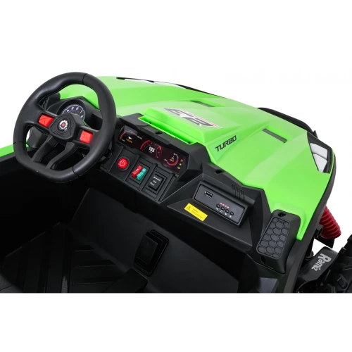 Kierownica, licznik i panel audio z portem USB – kokpit zielonego buggy Turbo 23 TURBO na akumulator dla dzieci.webp