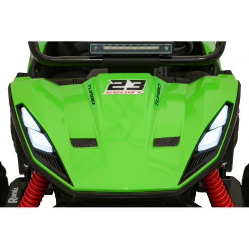 Maska z napisem 23 SPORT TURBO i podświetlonymi reflektorami LED – zbliżenie przodu zielonego buggy Turbo 23 4x4 na akumulator dla dzieci.webp