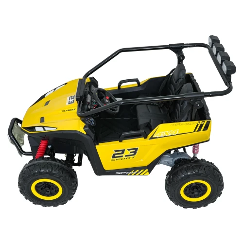 Widok z lewego boku z ramą ochronną, napisami 4X4 OFF-ROAD i 23 SPORT – żółte buggy Turbo 23, auto elektryczne na akumulator dla dzieci.webp
