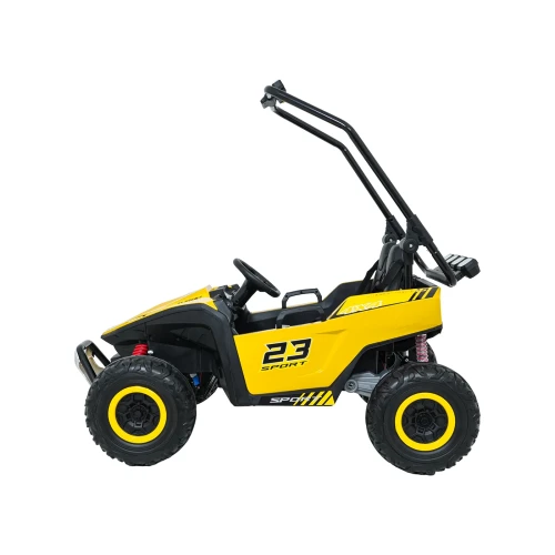 Widok z lewego boku ze złożoną ramą ochronną i belką reflektorów LED – żółte buggy Turbo 23 4x4 na akumulator dla dzieci.webp