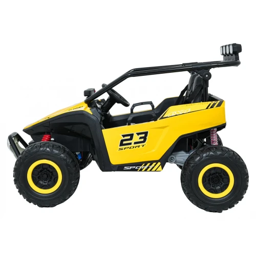 Widok z prawego boku ze złożoną ramą ochronną i lampą LED nad kokpitem – żółte buggy Turbo 23 SPORT na akumulator dla dzieci.webp
