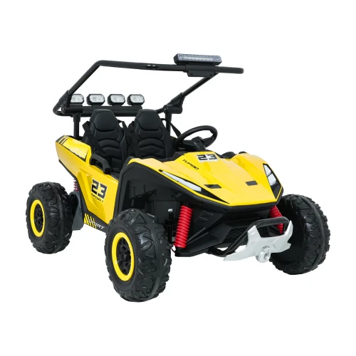 Ujęcie z przodu i lewego boku z białą wyciągarką oraz czerwonymi sprężynami – żółte buggy Turbo 23 4x4 na akumulator dla dzieci.webp