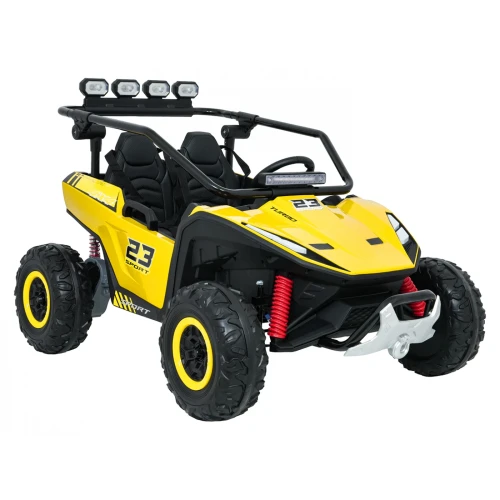 Ujęcie z przodu i boku z belką czterech reflektorów LED i wyciągarką – żółte buggy Turbo 23 4x4 na akumulator dla dzieci.webp