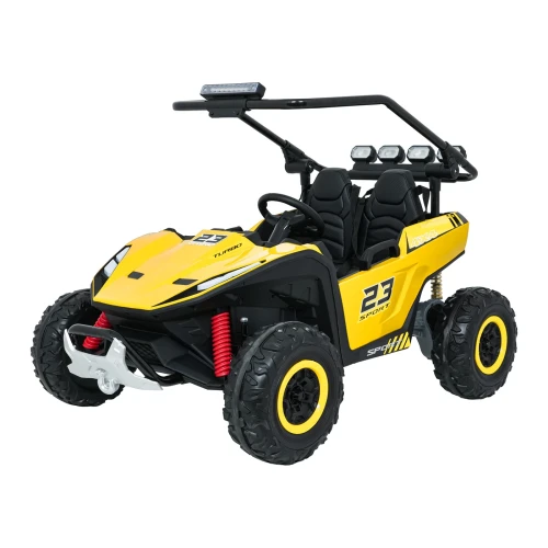 Ujęcie z przodu i prawego boku z lampą LED nad kokpitem i wyciągarką – żółte buggy Turbo 23 4x4 na akumulator dla dzieci.webp