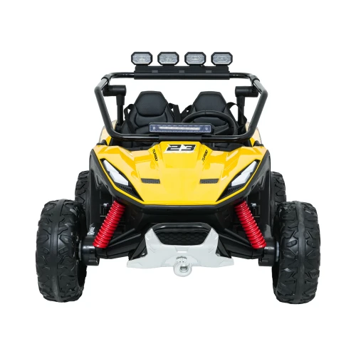 Widok z przodu z czterema reflektorami LED na ramie, czerwonymi sprężynami i białym zderzakiem z wyciągarką – żółte buggy Turbo 23 4x4 na akumulator dla dzieci.webp