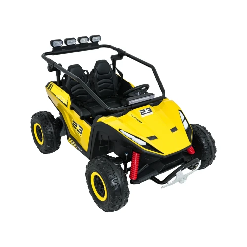 Ujęcie z przodu i prawego boku z ramą ochronną oraz dużymi kołami terenowymi – żółte buggy Turbo 23 SPORT na akumulator dla dzieci.webp