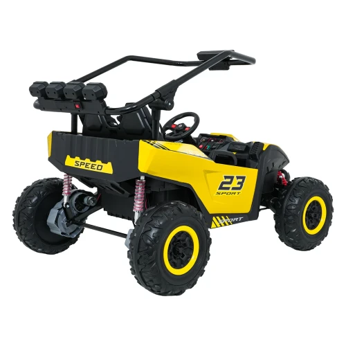 Ujęcie z tyłu i lewego boku z napisami SPEED oraz 23 SPORT, amortyzatorami i wałem napędowym – żółte buggy Turbo 23 4x4 na akumulator dla dzieci.webp