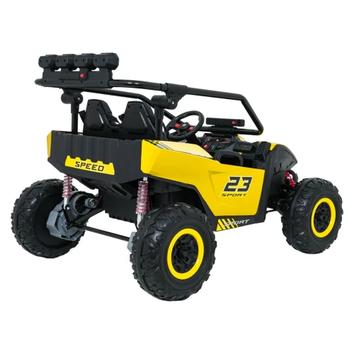 Ujęcie z tyłu i boku z belką czterech reflektorów LED, napisem SPEED i niezależnym zawieszeniem – żółte buggy Turbo 23 SPORT na akumulator dla dzieci.webp