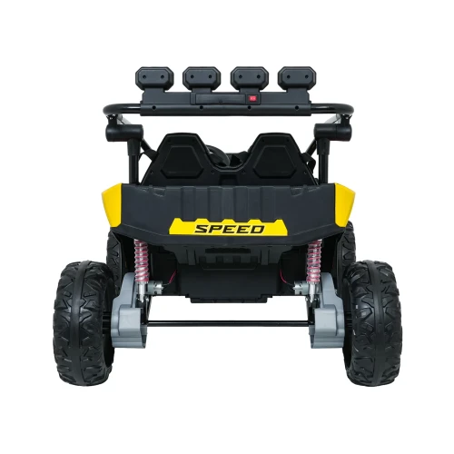 Widok z tyłu z napisem SPEED, głośnikami i amortyzatorami – żółte buggy Turbo 23 4x4 na akumulator dla dzieci.webp