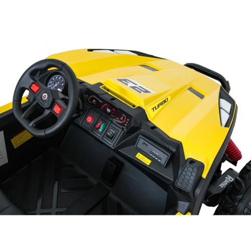 Kierownica, wyświetlacz i panel audio z portem USB – kokpit żółtego buggy Turbo 23 TURBO na akumulator dla dzieci.webp