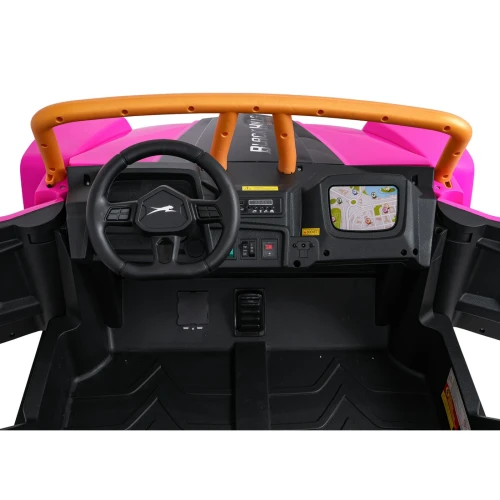 Kokpit z kierownicą, panelem MP3 i pomarańczową rurką ochronną – różowe buggy Arctic Cat Wildcat XX na akumulator dla dzieci.webp