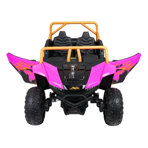Widok z przodu z otwartymi drzwiami i reflektorami LED – różowe buggy Arctic Cat Wildcat XX na akumulator dla dzieci.webp