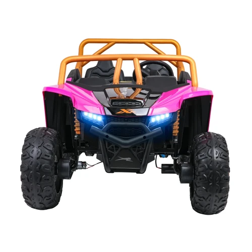 Widok z przodu z podświetlonymi reflektorami LED i grillem – różowe buggy Arctic Cat Wildcat XX na akumulator dla dzieci.webp