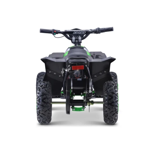 Widok z tyłu z kierownicą Minimoto Sport i szerokimi oponami terenowymi – zielony quad E-Star na akumulator dla dzieci 35 kmh.webp