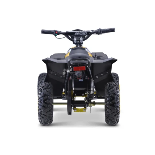 Widok z tyłu z kierownicą Minimoto Sport i szerokimi oponami terenowymi – żółty quad E-Star na akumulator dla dzieci 35 kmh.webp