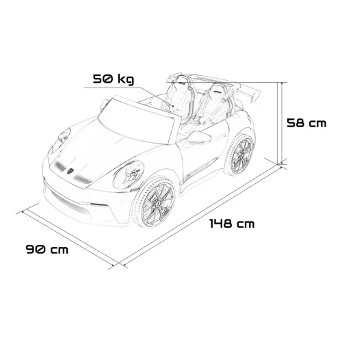 Wymiary auta – długość 148 cm, szerokość 90 cm, wysokość 58 cm i obciążenie do 50 kg – różowe Porsche 911 GT3 STRONG MP4 na akumulator dla dzieci.webp