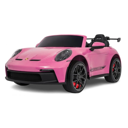 Widok z przodu i boku z felgami GT3 i czerwonymi zaciskami – różowe Porsche 911 GT3 STRONG MP4 na akumulator dla dzieci.webp