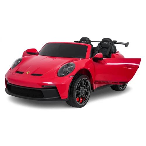 Widok z przodu i boku z otwartymi drzwiami – czerwone Porsche 911 GT3 STRONG MP4 na akumulator dla dzieci.webp