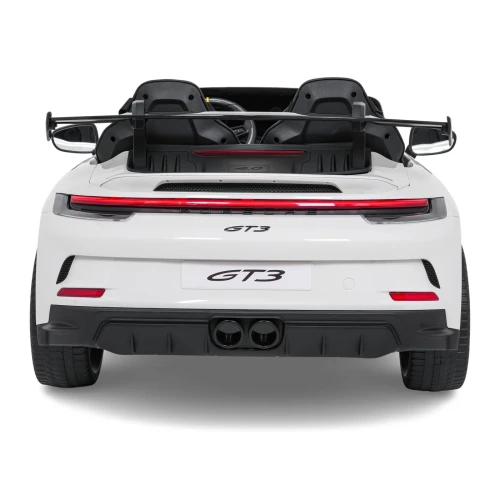 Widok z tyłu ze spojlerem, dyfuzorem i podwójnym wydechem – białe Porsche 911 GT3 STRONG MP4 na akumulator dla dzieci.webp
