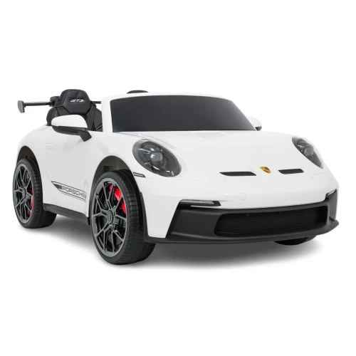 Ujęcie przodu i boku z maską, emblematem Porsche i felgami GT3 – białe Porsche 911 GT3 STRONG MP4 na akumulator dla dzieci.webp