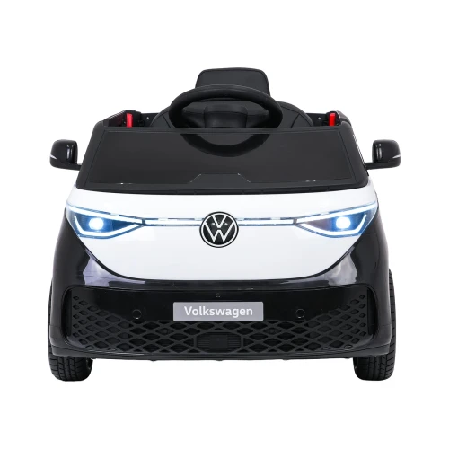 Podświetlone reflektory LED i emblemat Volkswagen – przód czarnego Volkswagena ID. Buzz na akumulator dla dzieci.webp