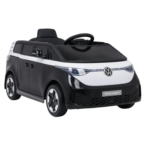 Ujęcie przodu i boku z kierownicą oraz felgami – czarny Volkswagen ID. Buzz, samochód na akumulator dla dzieci.webp