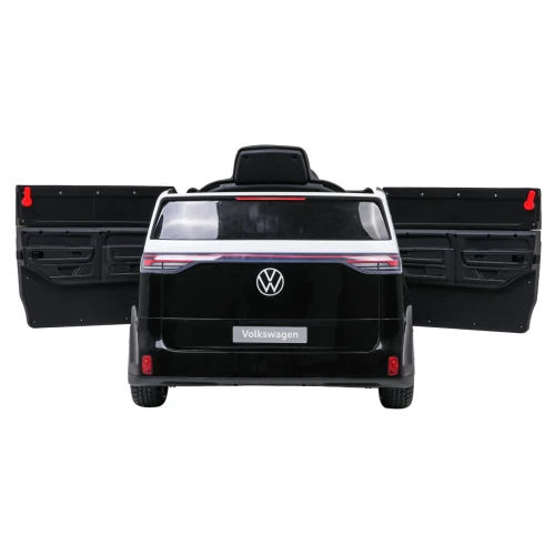 Tył z otwartymi drzwiami po obu stronach – czarny Volkswagen ID. Buzz, auto elektryczne na akumulator dla dzieci.webp