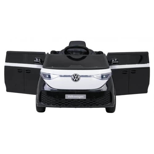 Widok z przodu z otwartymi drzwiami i włączonymi reflektorami LED – czarny Volkswagen ID. Buzz na akumulator dla dzieci.webp