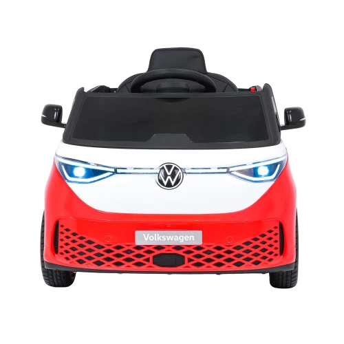 Podświetlone reflektory LED i emblemat Volkswagen – przód czerwonego Volkswagena ID. Buzz na akumulator dla dzieci.webp