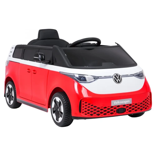 Ujęcie przodu i boku z kierownicą oraz felgami VW – czerwony Volkswagen ID. Buzz, samochód na akumulator dla dzieci.webp