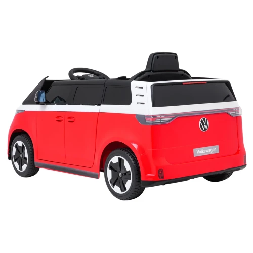 Ujęcie tyłu i boku z listwą świetlną LED – czerwony Volkswagen ID. Buzz, pojazd na akumulator dla dzieci.webp