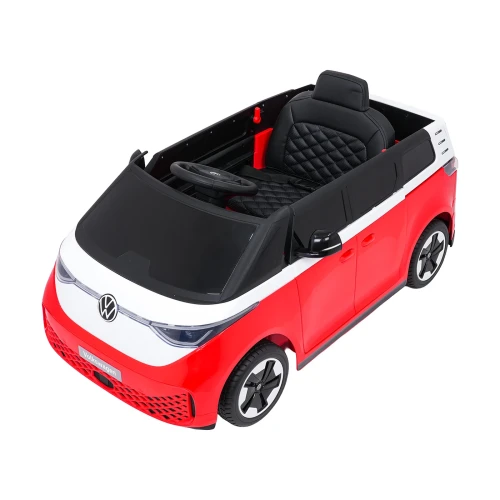 Ujęcie z góry na kokpit i przestronne wnętrze – czerwony Volkswagen ID. Buzz, auto elektryczne na akumulator dla dzieci.webp