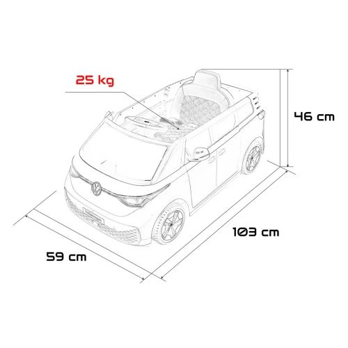 Wymiary auta – długość 103 cm, szerokość 59 cm, wysokość 46 cm i obciążenie 25 kg – żółty Volkswagen ID. Buzz na akumulator dla dzieci.webp