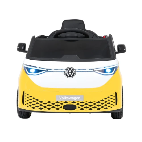 Podświetlone reflektory LED i emblemat Volkswagen – przód żółtego Volkswagena ID. Buzz na akumulator dla dzieci.webp