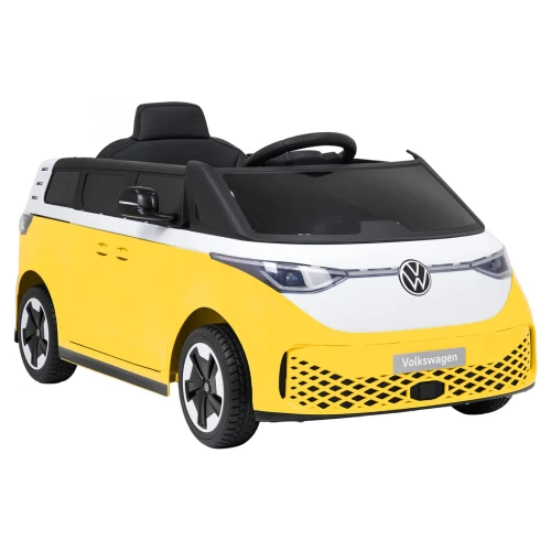 Ujęcie przodu i boku z kierownicą oraz felgami VW – żółty Volkswagen ID. Buzz, samochód na akumulator dla dzieci.webp